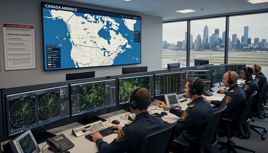 Air traffic control tower view with silhouettes of controllers in a Canadian operations setting