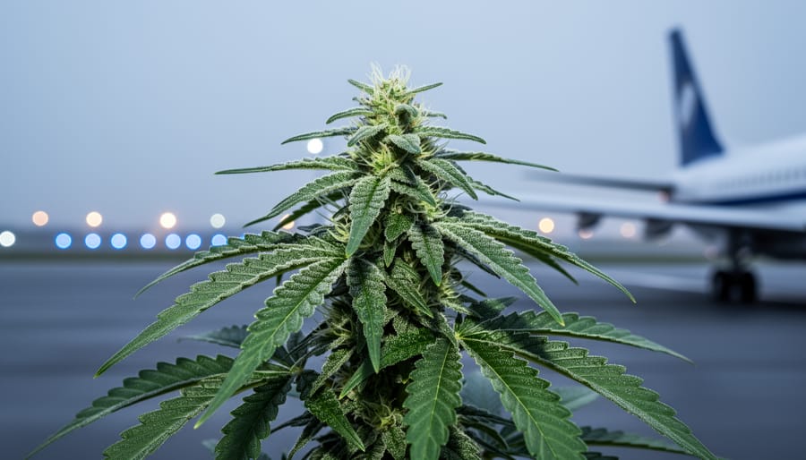 Close-up of a hemp plant in focus with a blurred aircraft wing and runway lights in the background.