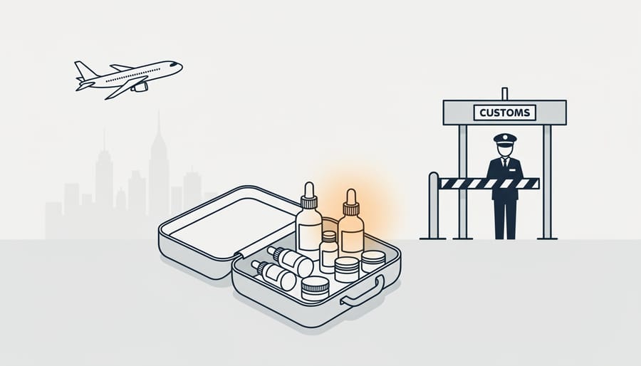 Open suitcase on a hotel bed with an unlabeled amber CBD bottle near travel documents and a blurred airport view